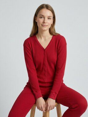 Victoria's Secret Country Red Thermal Ribbed Henley One-Piece Pajama Size L